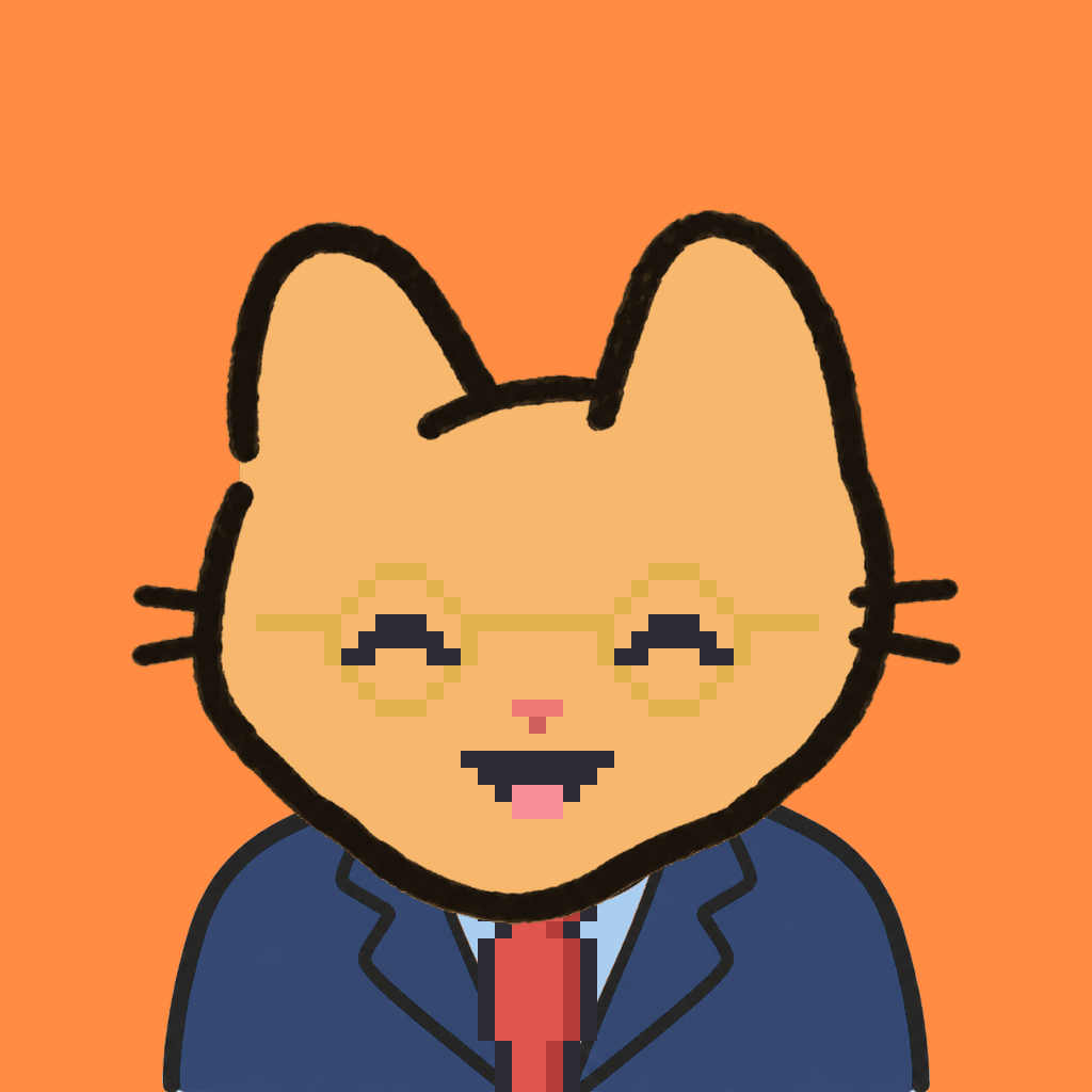 Employee #2274 — a tabby cat, in a navy suit, with a red tie, wearing round-gold glasses, on tangerine