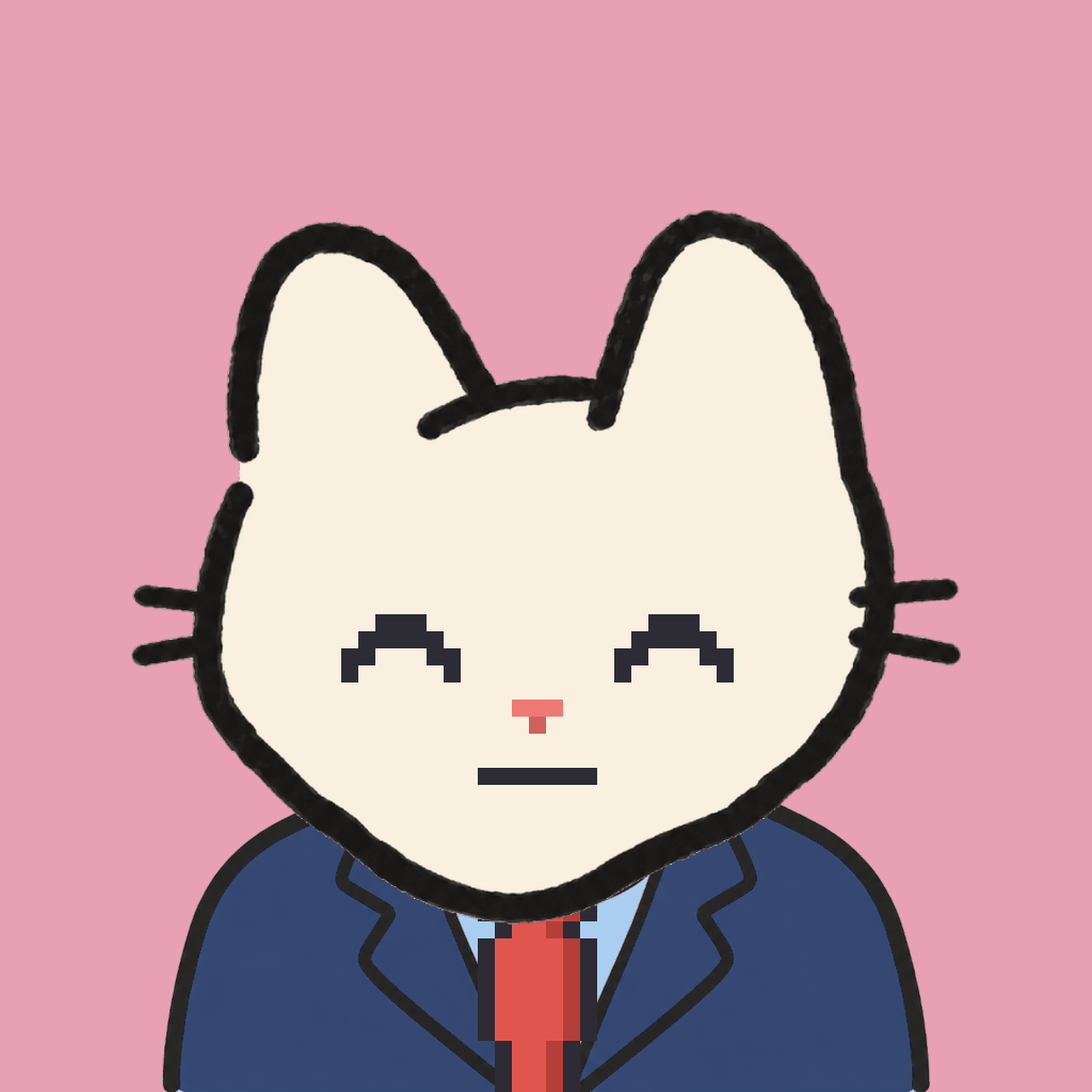 Employee #2275 — a cream cat, in a navy suit, with a red tie, on rose