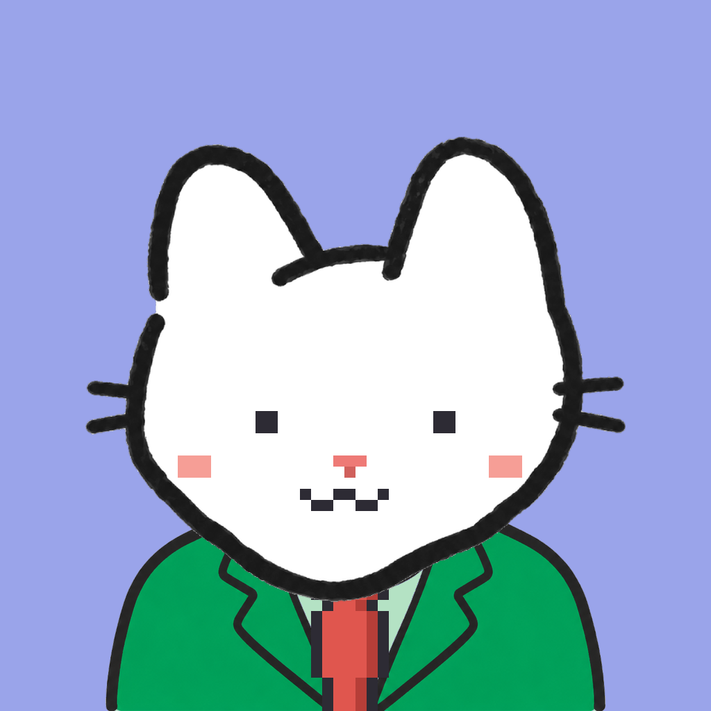 Employee #2277 — a white cat, in a green suit, with a red tie, on periwinkle