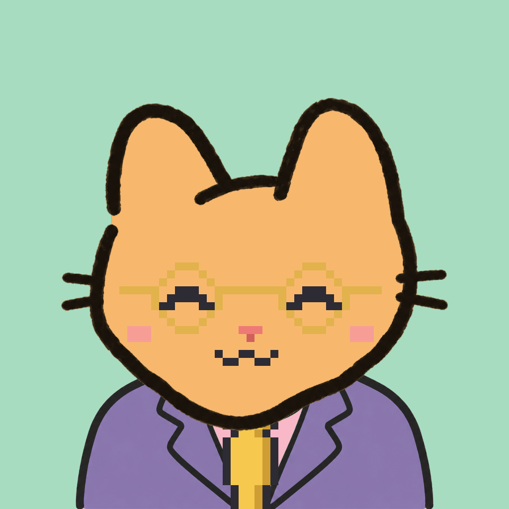 Employee #2278 — a tabby cat, in a lavender suit, with a gold tie, wearing round-gold glasses, on mint