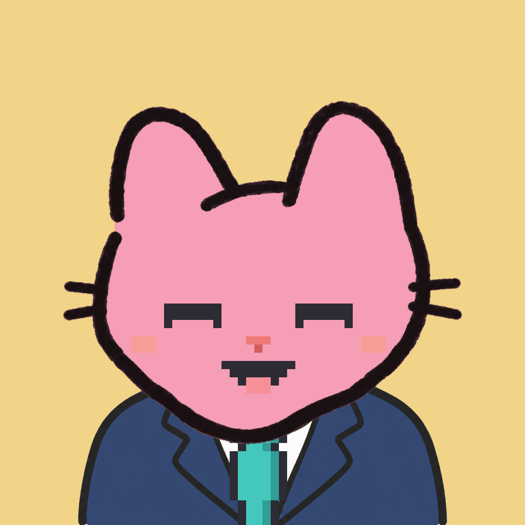 Employee #2279 — a pink cat, in a navy suit, with a teal tie, on butter