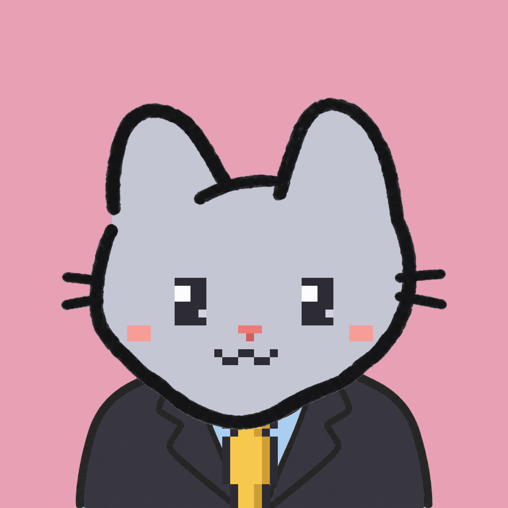 Employee #0228 — a gray cat, in a black suit, with a gold tie, on rose