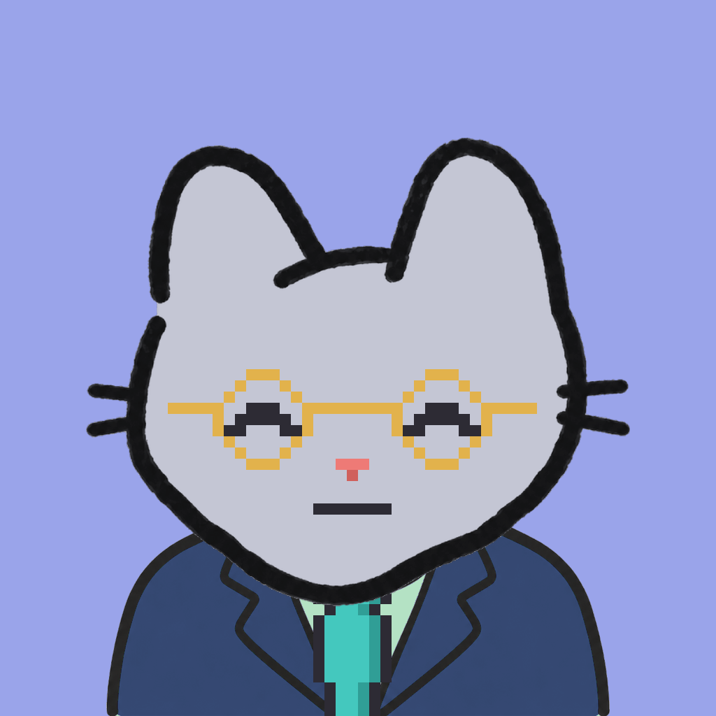 Employee #2280 — a gray cat, in a navy suit, with a teal tie, wearing round-gold glasses, on periwinkle