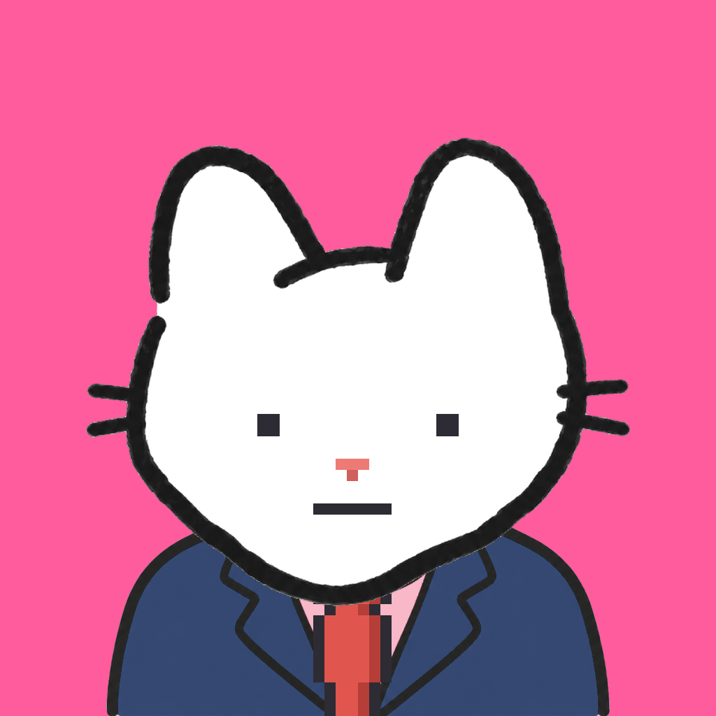 Employee #2281 — a white cat, in a navy suit, with a red tie, on hot pink