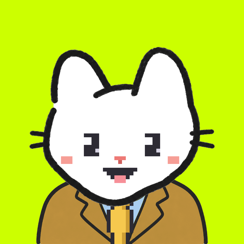 Employee #2282 — a white cat, in a mustard suit, with a gold tie, on volt