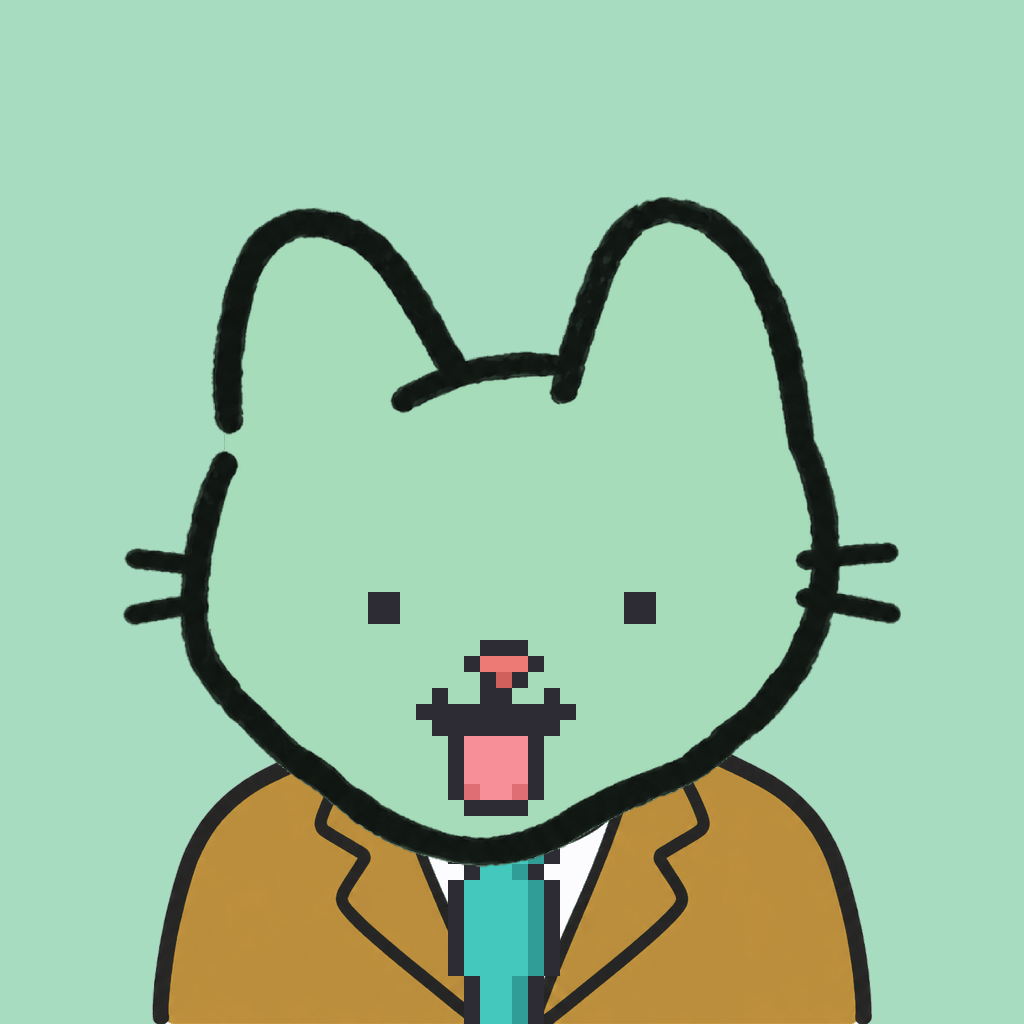 Employee #2283 — a mint cat, in a mustard suit, with a teal tie, on mint