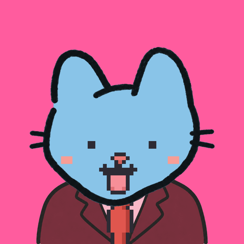 Employee #2284 — a sky cat, in a burgundy suit, with a red tie, on hot pink