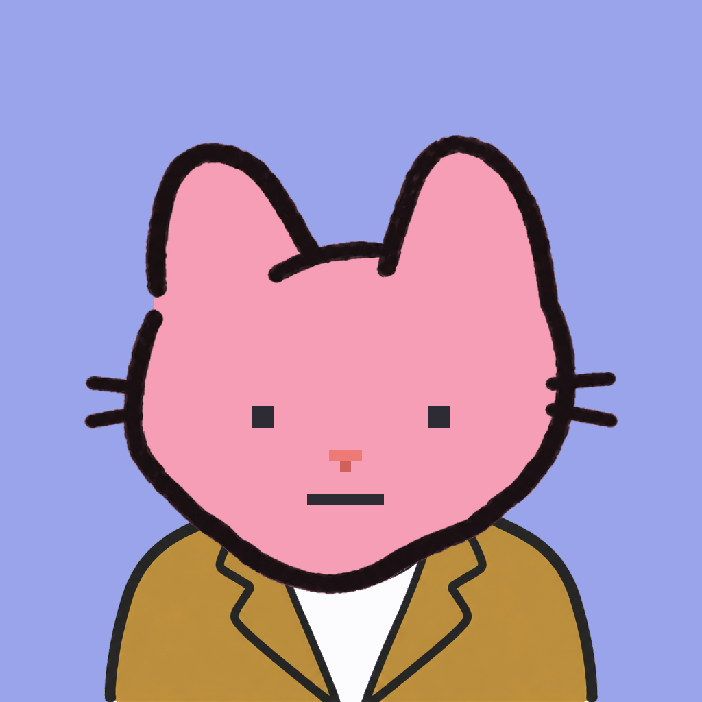 Employee #2285 — a pink cat, in a mustard suit, on periwinkle