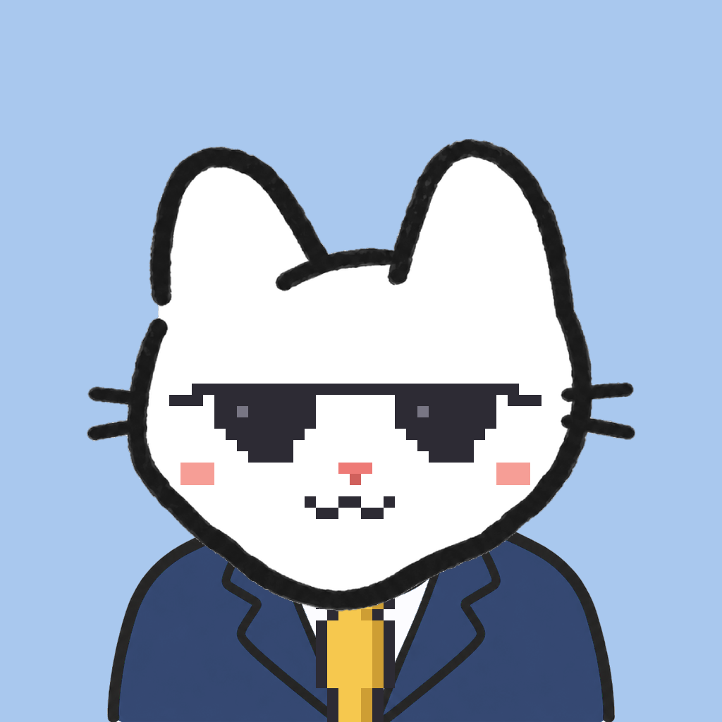 Employee #2286 — a white cat, in a navy suit, with a gold tie, wearing shades glasses, on sky