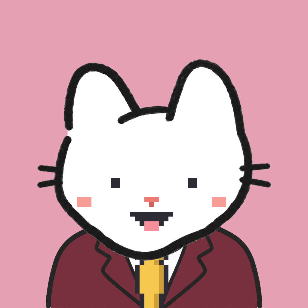 Employee #2287 — a white cat, in a burgundy suit, with a gold tie, on rose