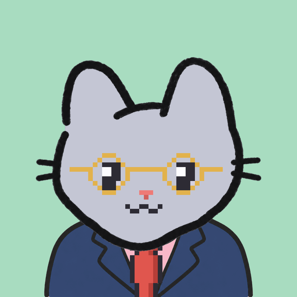 Employee #2288 — a gray cat, in a navy suit, with a red tie, wearing round-gold glasses, on mint