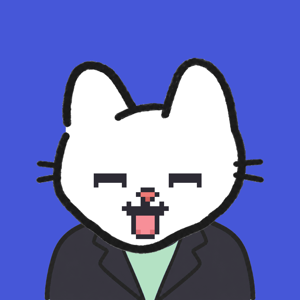 Employee #2289 — a white cat, in a black suit, on royal