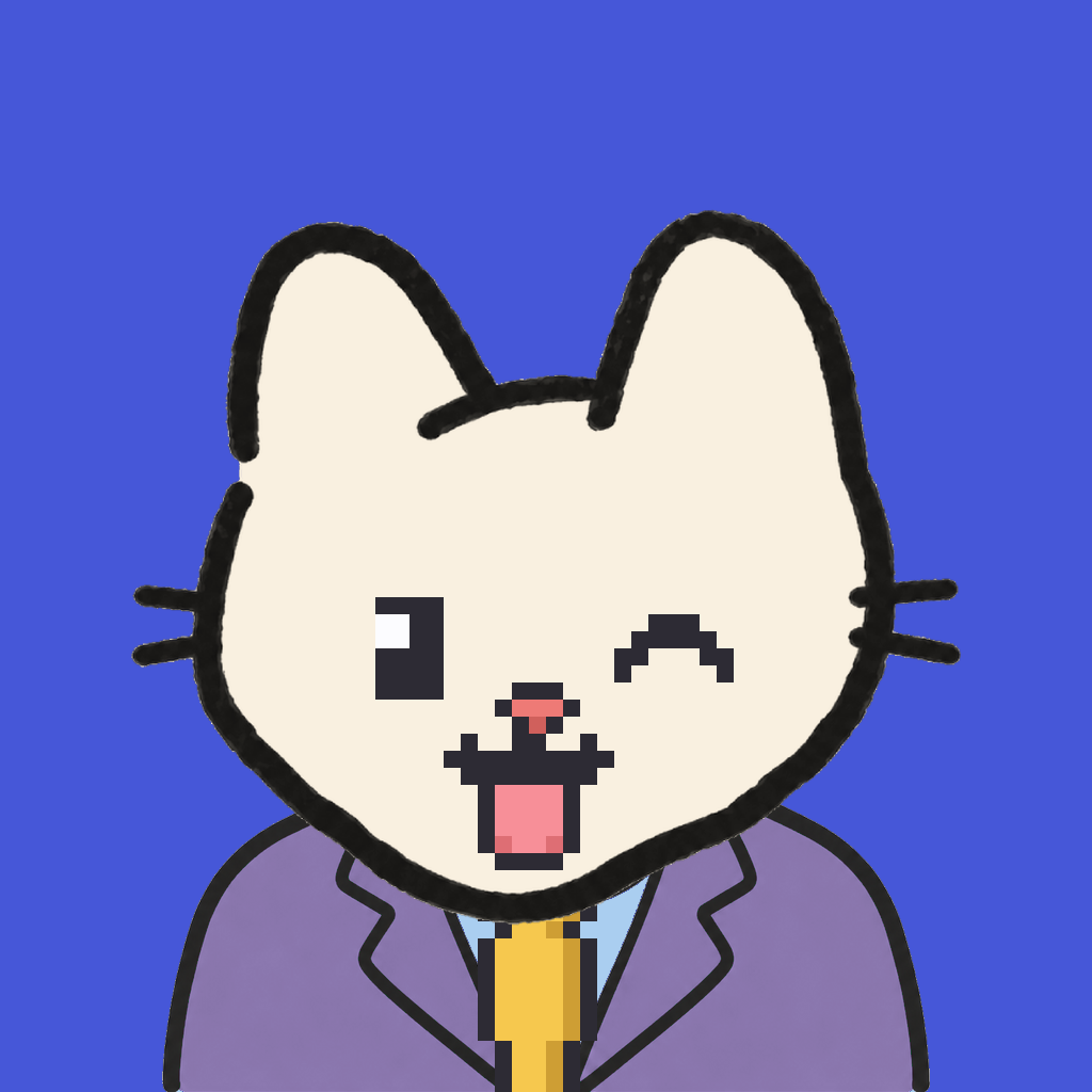 Employee #0229 — a cream cat, in a lavender suit, with a gold tie, on royal