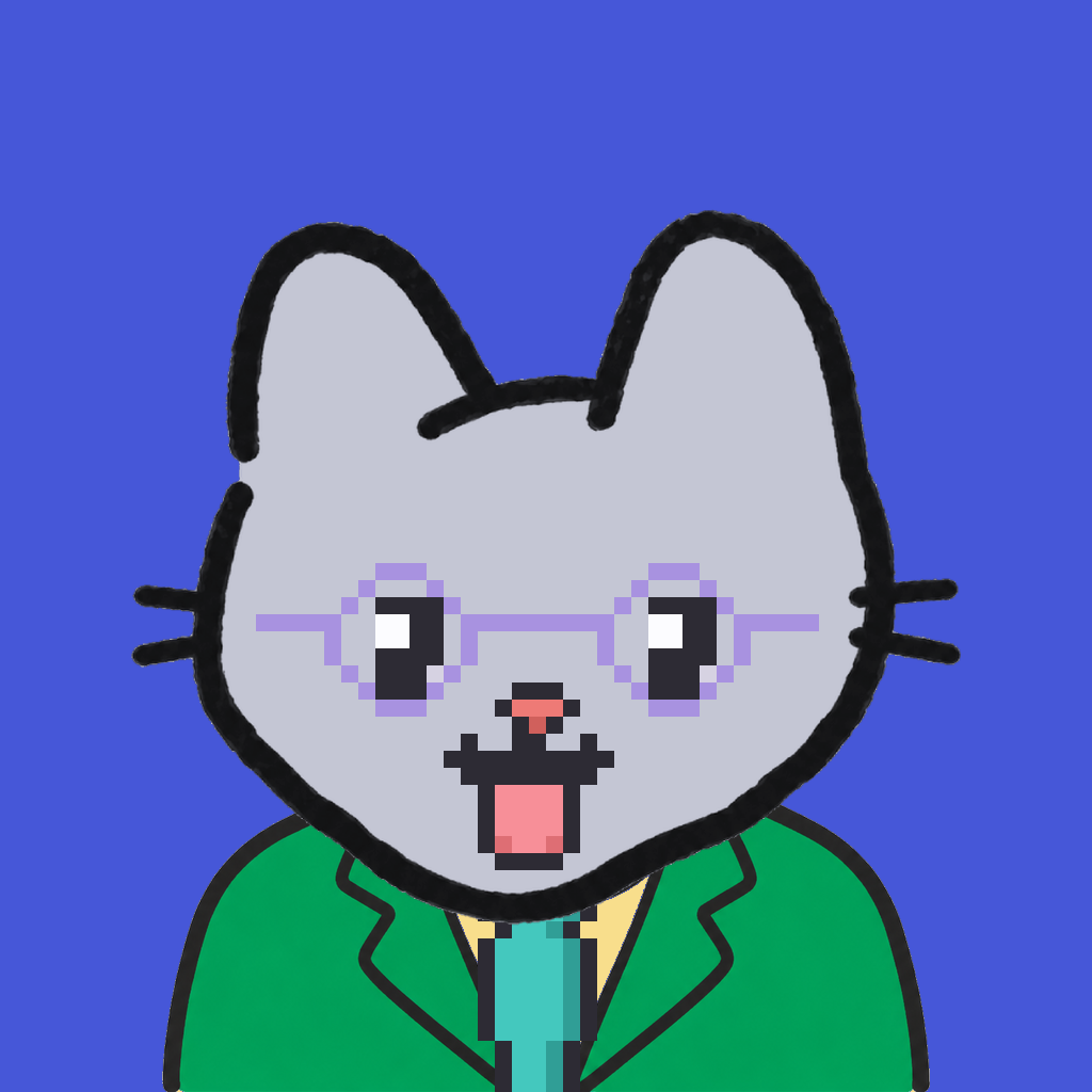 Employee #2291 — a gray cat, in a green suit, with a teal tie, wearing round-lavender glasses, on royal