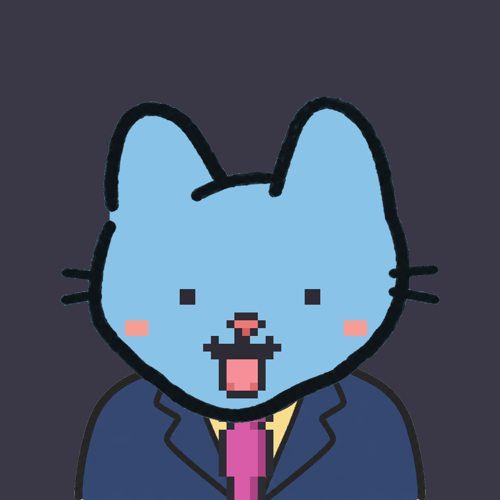 Employee #2292 — a sky cat, in a navy suit, with a magenta tie, on charcoal