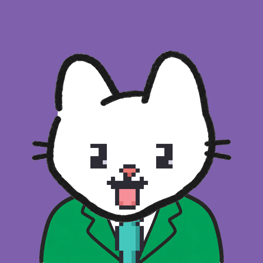 Employee #2293 — a white cat, in a green suit, with a teal tie, on plasma violet