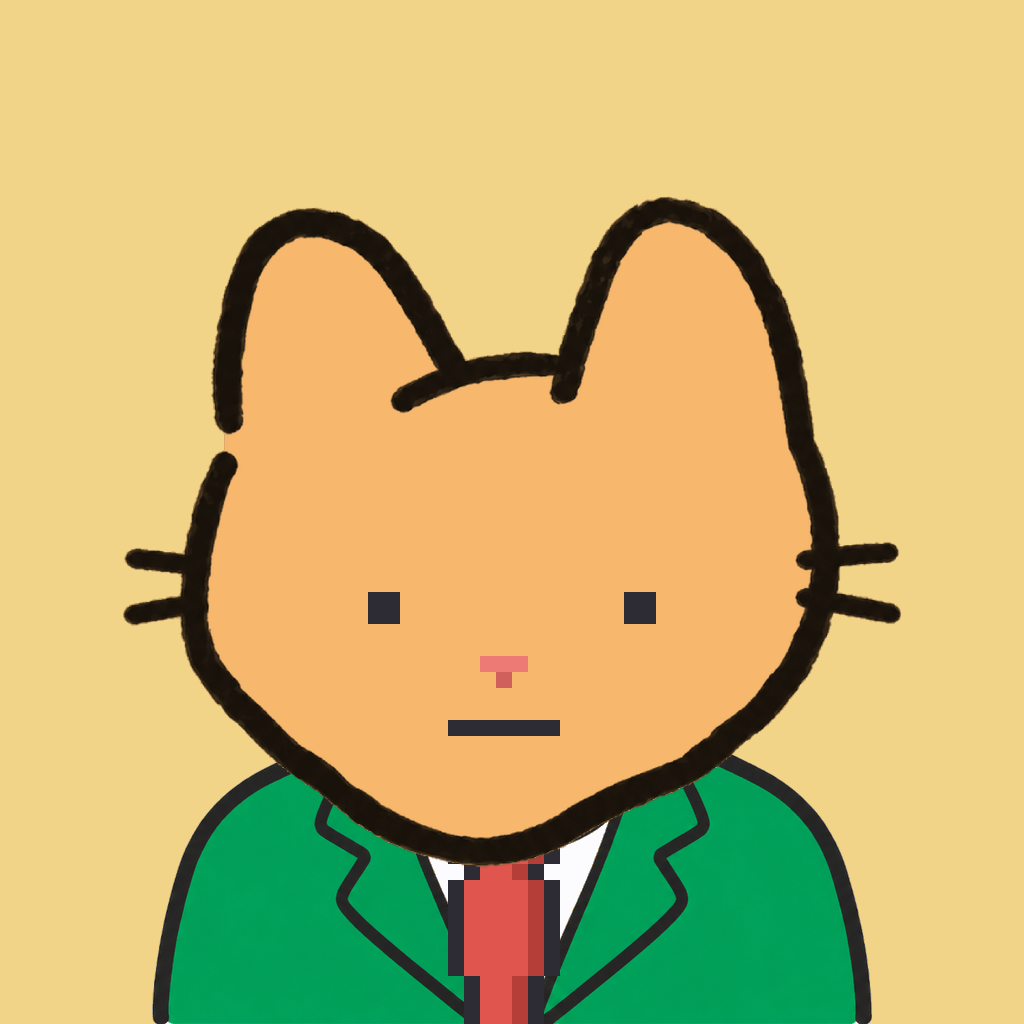 Employee #2294 — a tabby cat, in a green suit, with a red tie, on butter