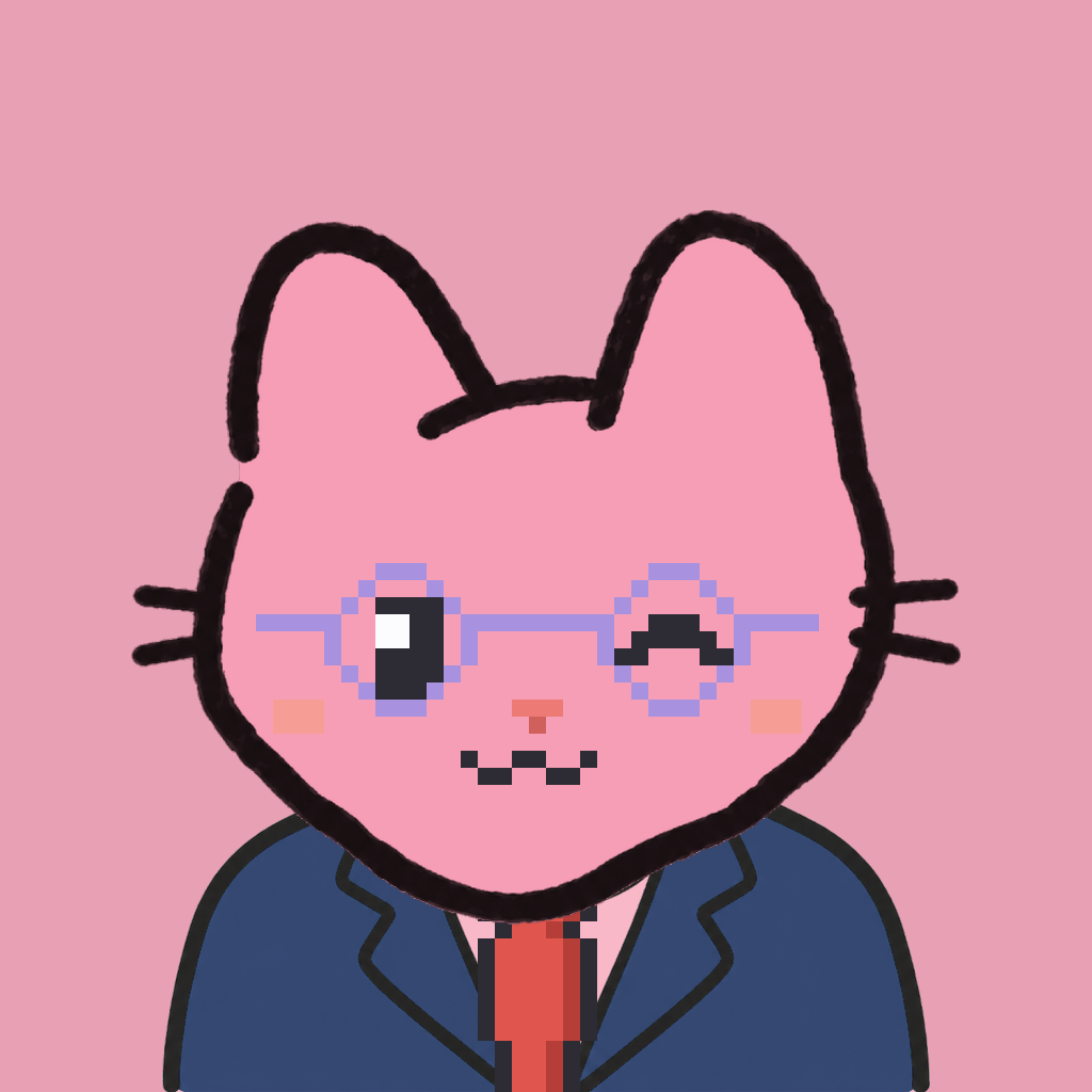Employee #2295 — a pink cat, in a navy suit, with a red tie, wearing round-lavender glasses, on rose