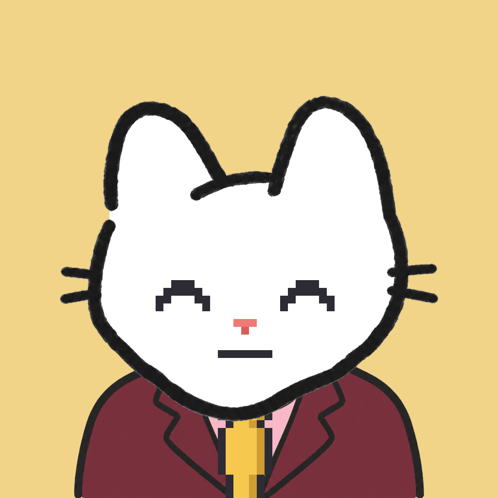 Employee #2296 — a white cat, in a burgundy suit, with a gold tie, on butter