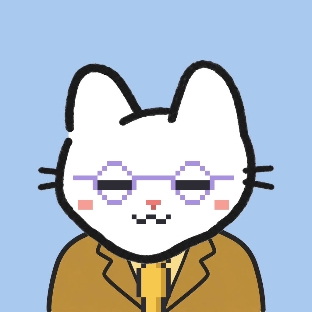 Employee #2297 — a white cat, in a mustard suit, with a gold tie, wearing round-lavender glasses, on sky