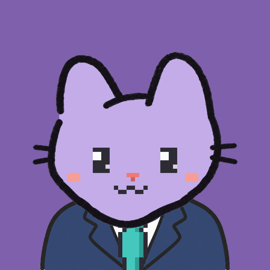 Employee #2298 — a lavender cat, in a navy suit, with a teal tie, on plasma violet