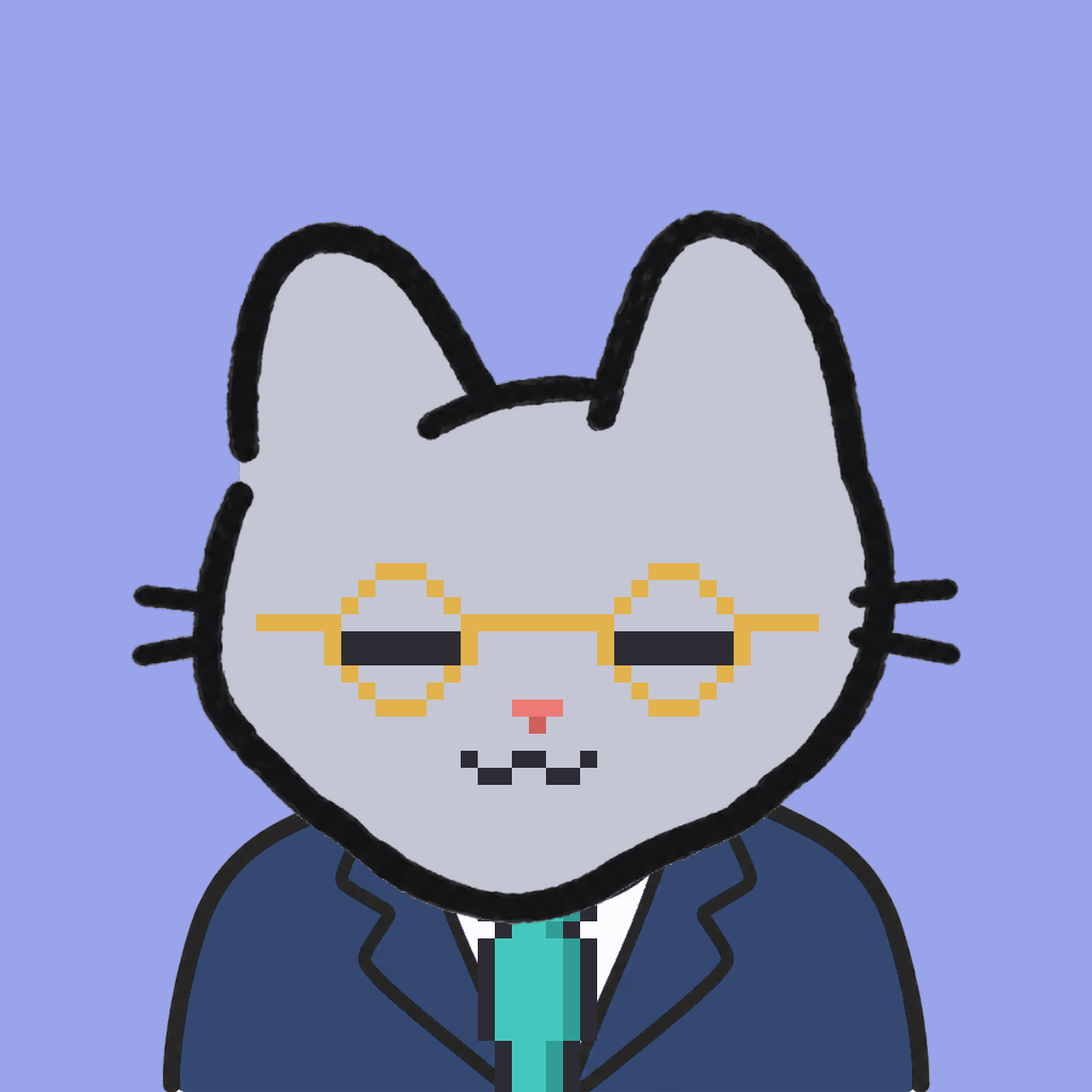 Employee #2299 — a gray cat, in a navy suit, with a teal tie, wearing round-gold glasses, on periwinkle