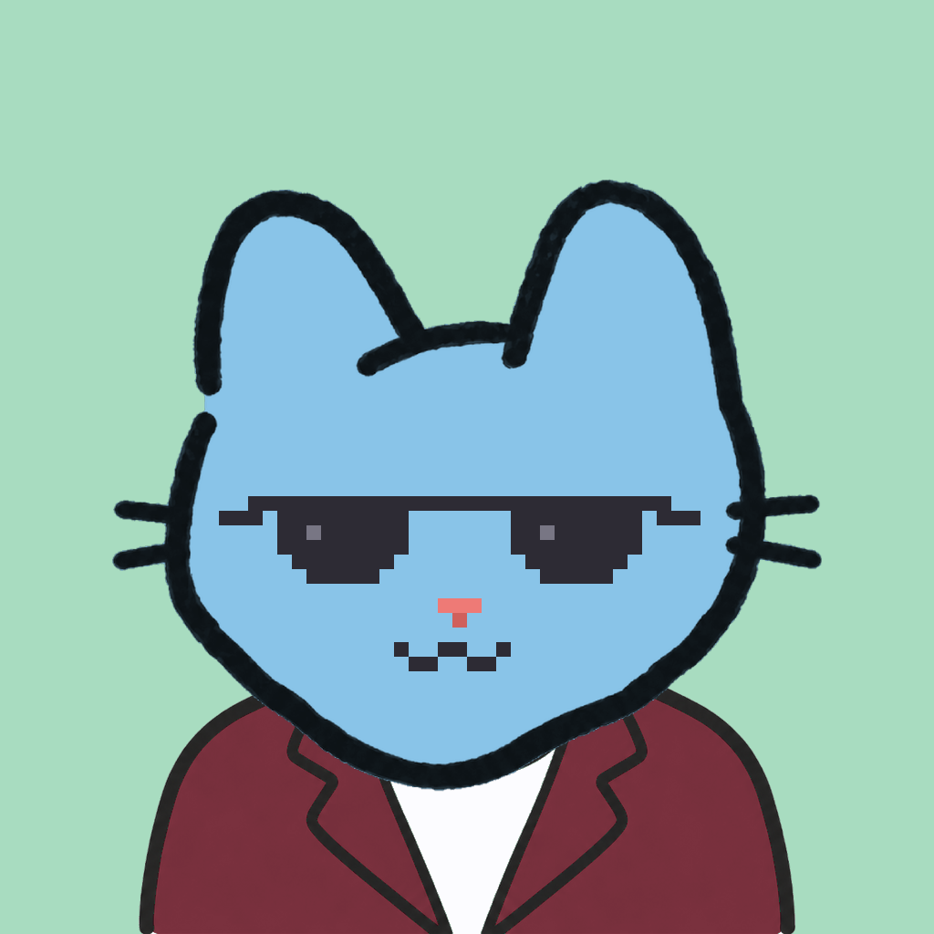 Employee #0023 — a sky cat, in a burgundy suit, wearing shades glasses, on mint