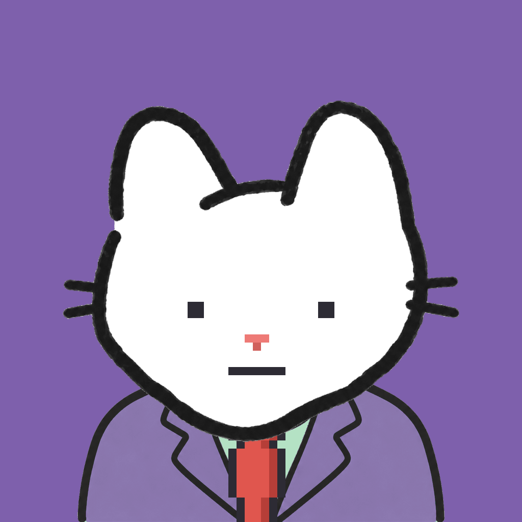 Employee #0230 — a white cat, in a lavender suit, with a red tie, on plasma violet