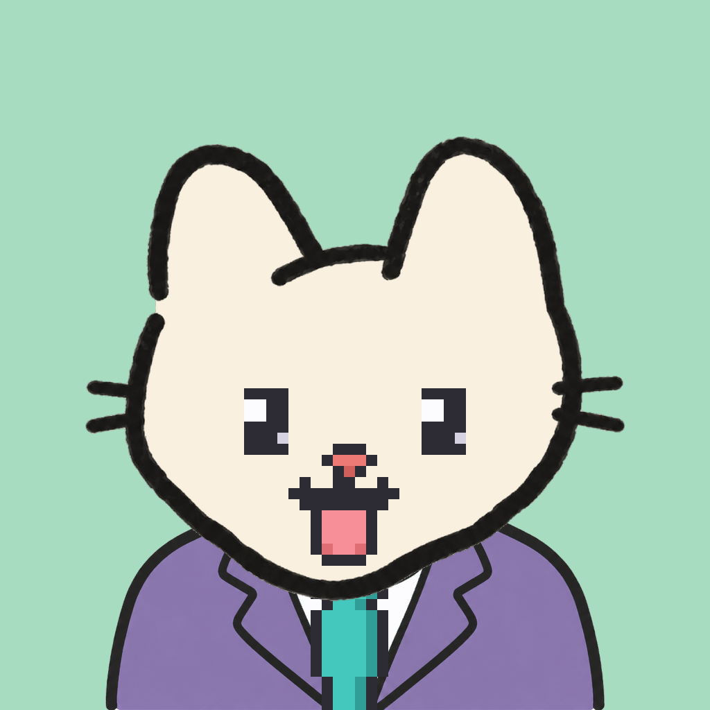 Employee #2300 — a cream cat, in a lavender suit, with a teal tie, on mint
