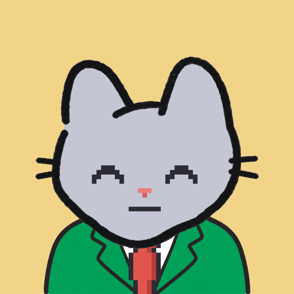Employee #2301 — a gray cat, in a green suit, with a red tie, on butter