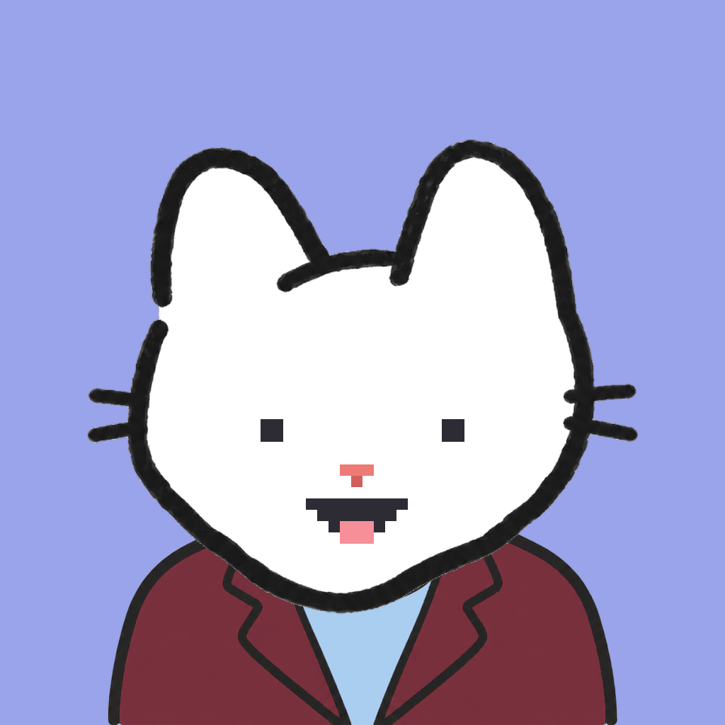 Employee #2302 — a white cat, in a burgundy suit, on periwinkle