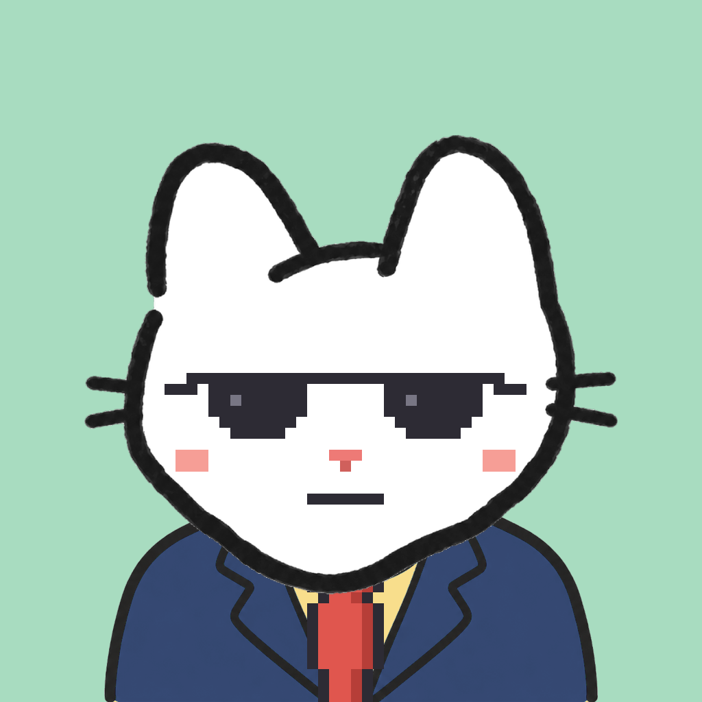 Employee #2303 — a white cat, in a navy suit, with a red tie, wearing shades glasses, on mint