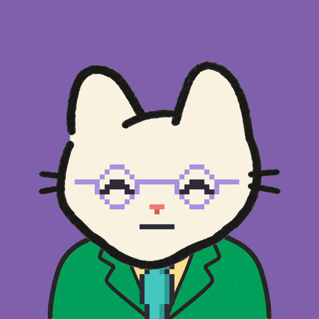 Employee #2304 — a cream cat, in a green suit, with a teal tie, wearing round-lavender glasses, on plasma violet