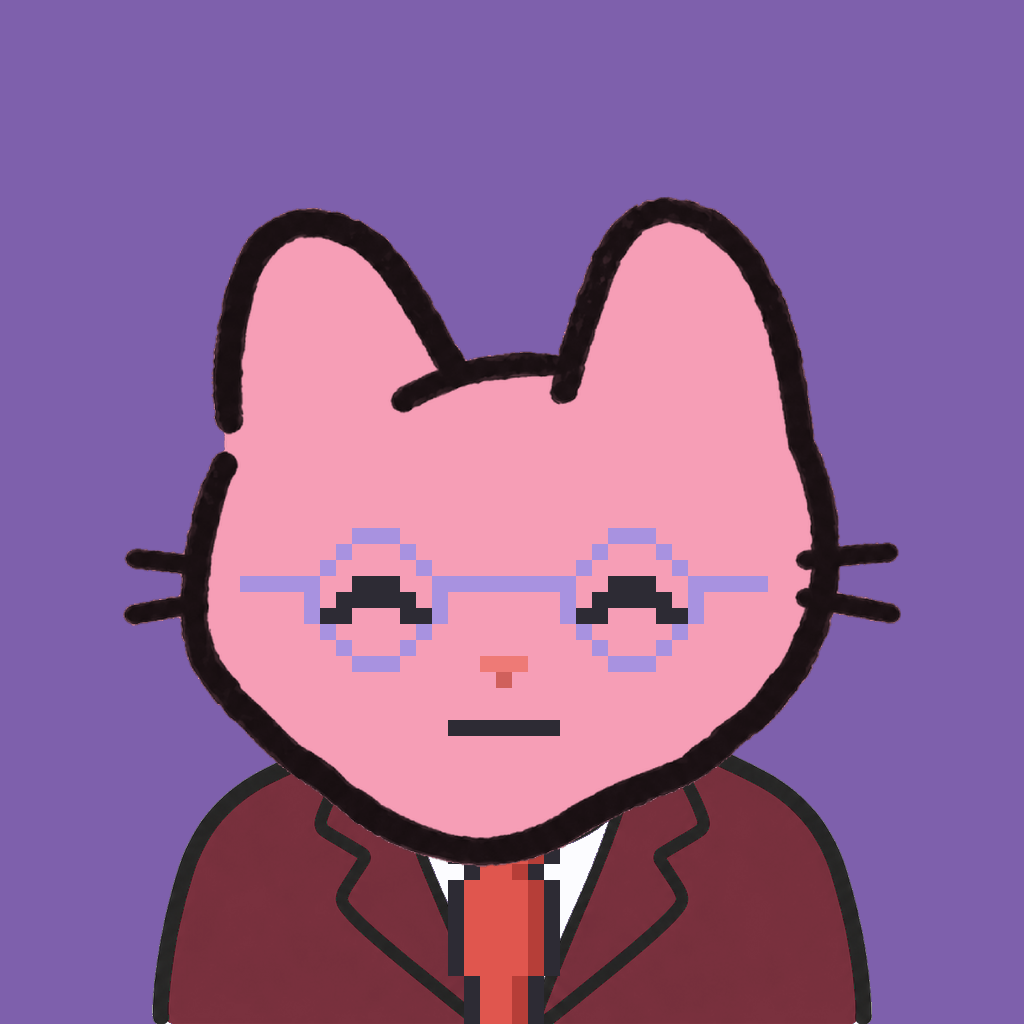 Employee #2305 — a pink cat, in a burgundy suit, with a red tie, wearing round-lavender glasses, on plasma violet