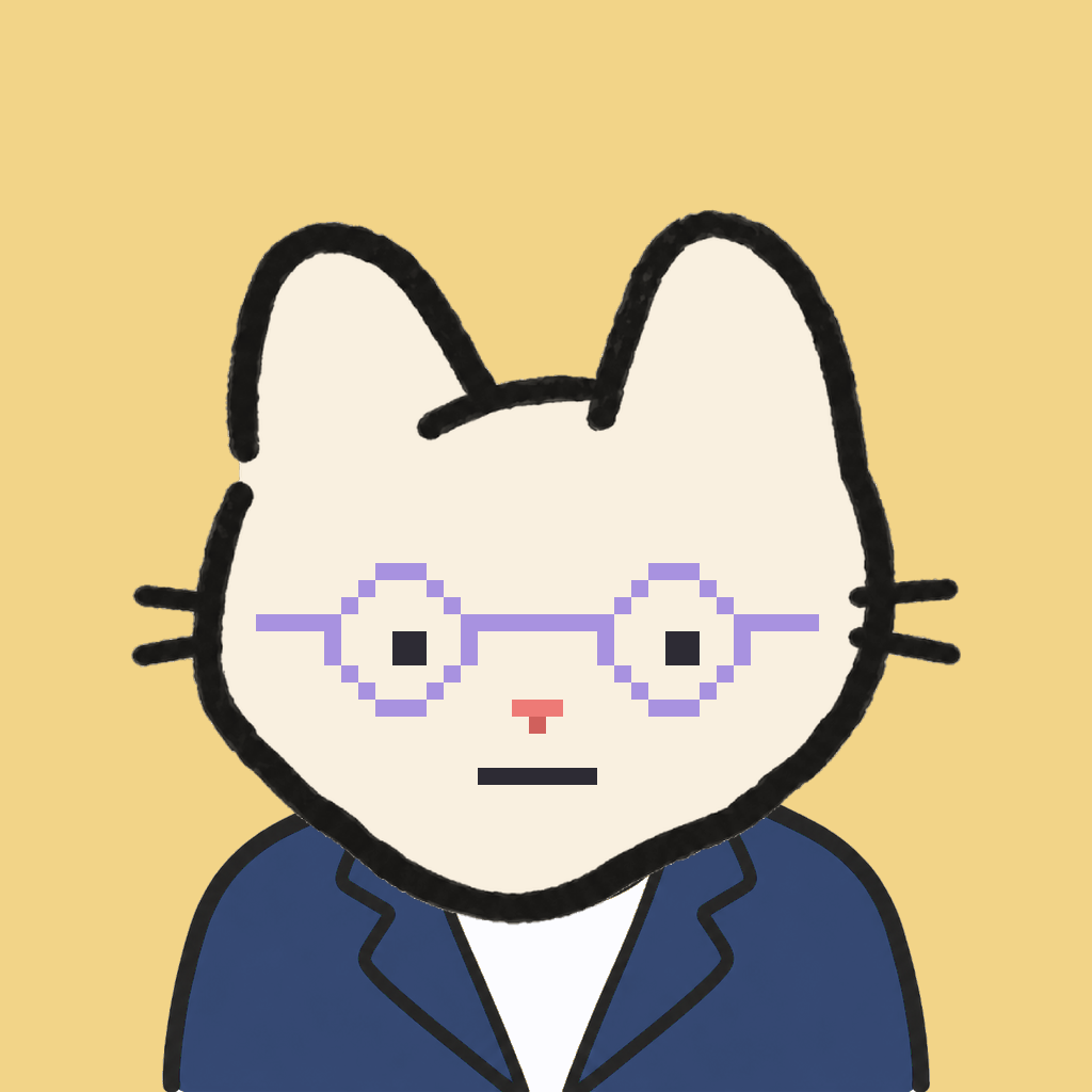 Employee #2306 — a cream cat, in a navy suit, wearing round-lavender glasses, on butter