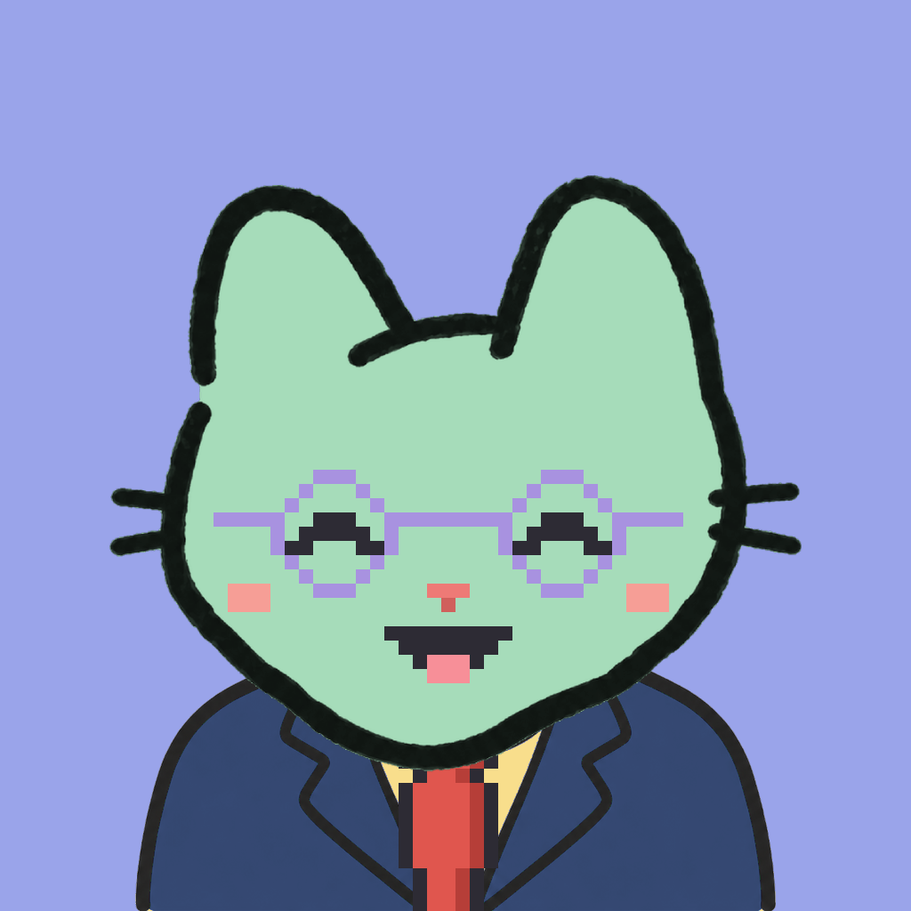 Employee #2307 — a mint cat, in a navy suit, with a red tie, wearing round-lavender glasses, on periwinkle