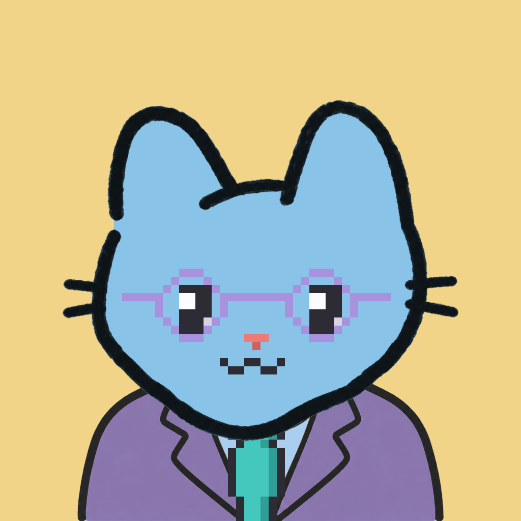 Employee #2308 — a sky cat, in a lavender suit, with a teal tie, wearing round-lavender glasses, on butter