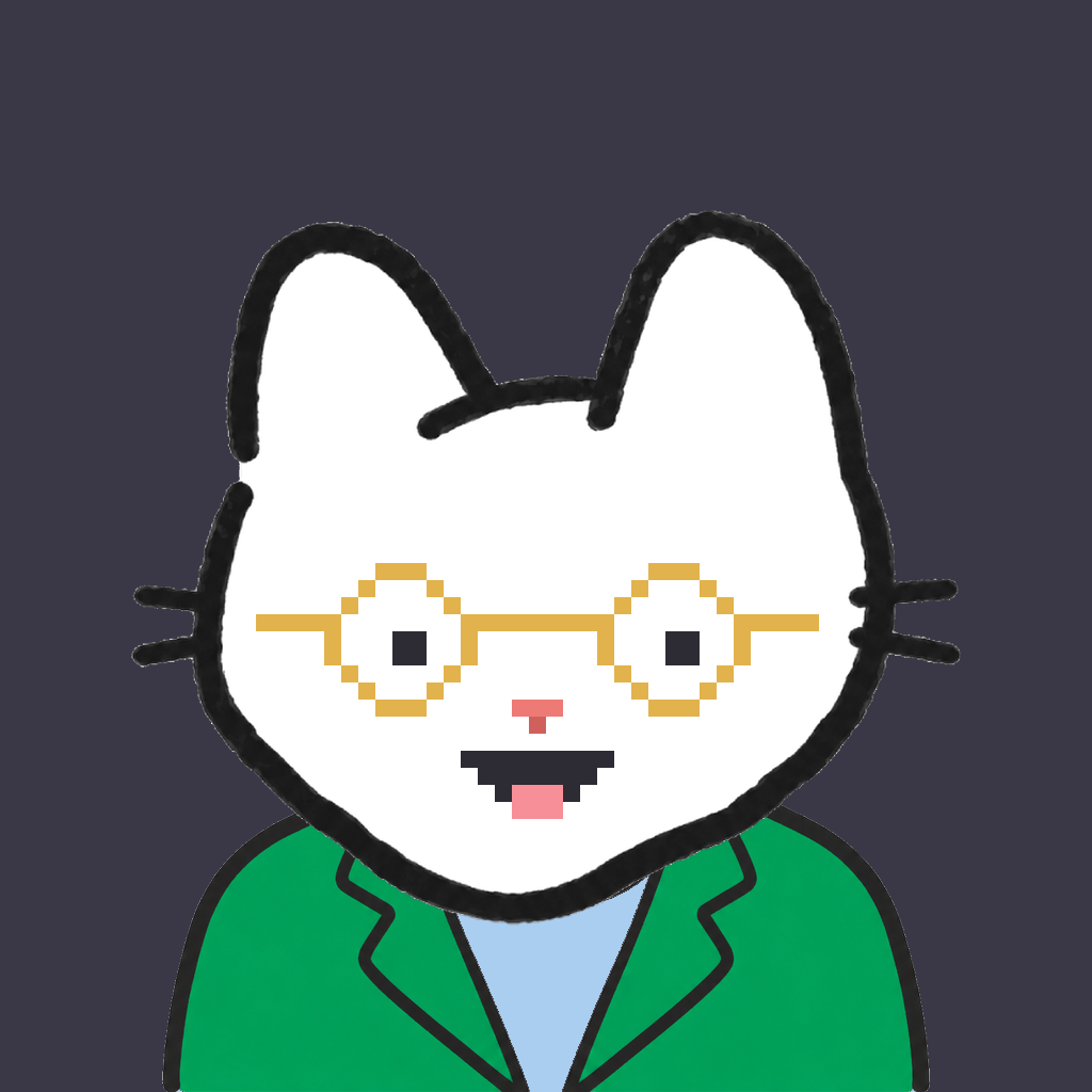 Employee #2309 — a white cat, in a green suit, wearing round-gold glasses, on charcoal