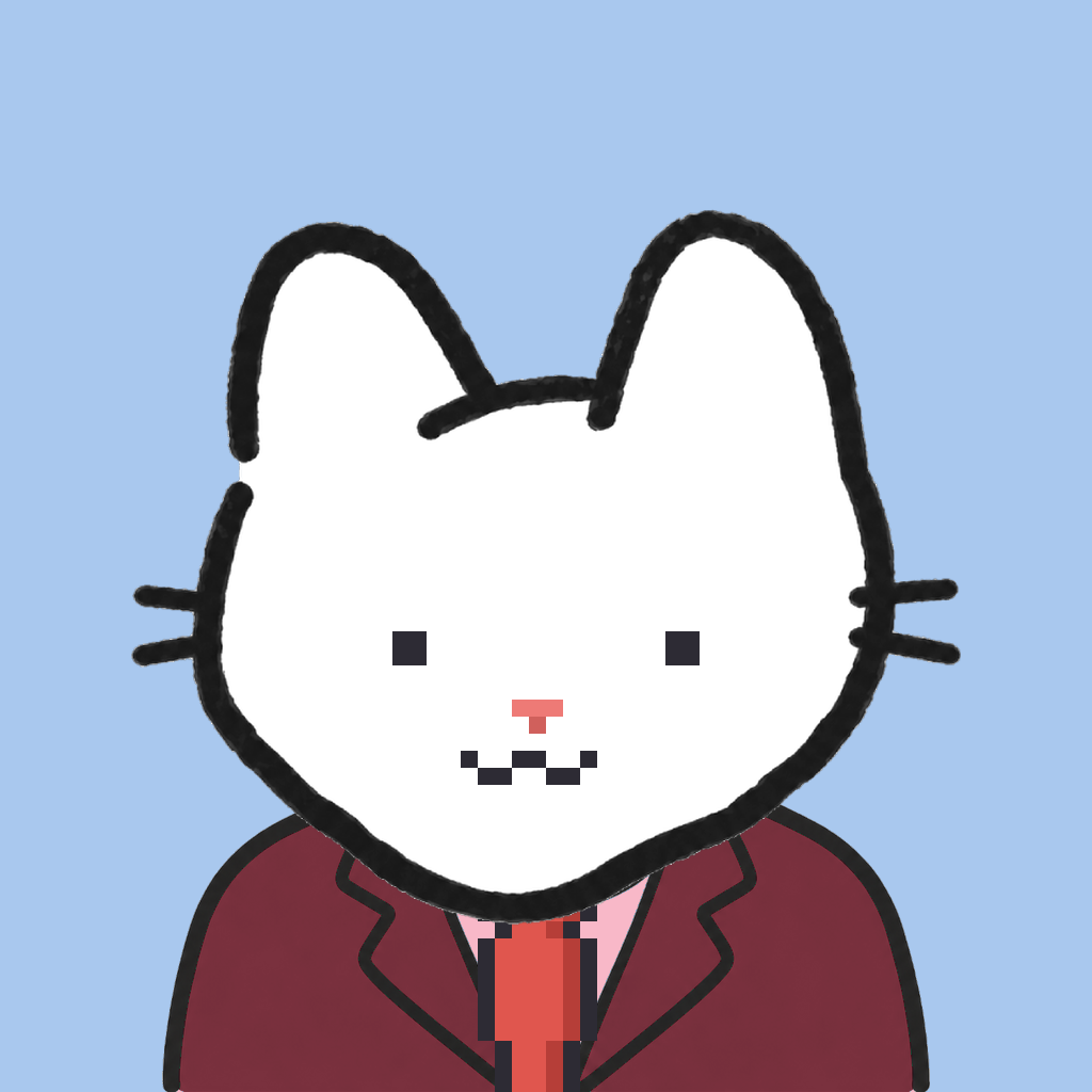 Employee #0231 — a white cat, in a burgundy suit, with a red tie, on sky