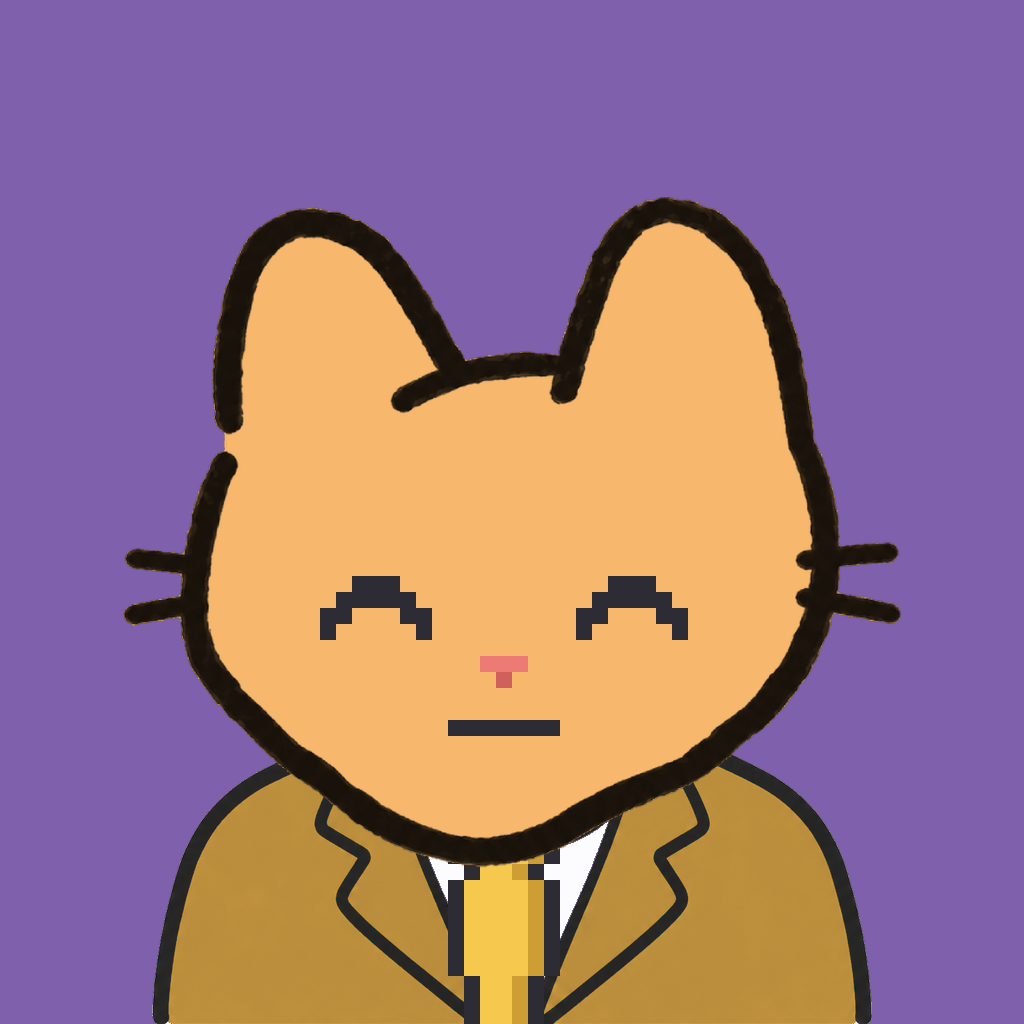 Employee #2310 — a tabby cat, in a mustard suit, with a gold tie, on plasma violet