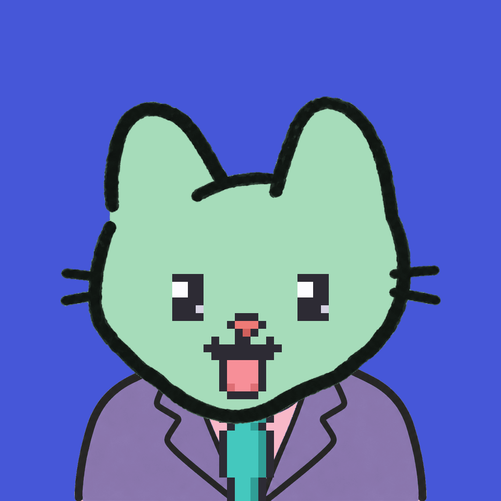 Employee #2311 — a mint cat, in a lavender suit, with a teal tie, on royal