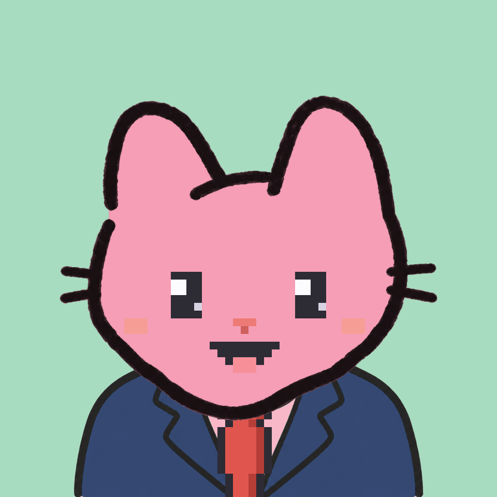 Employee #2312 — a pink cat, in a navy suit, with a red tie, on mint