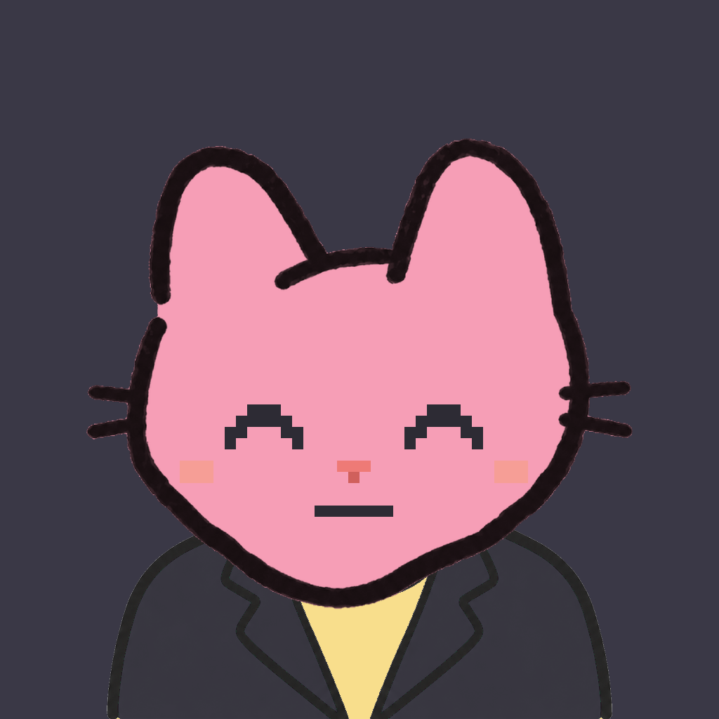 Employee #2313 — a pink cat, in a black suit, on charcoal