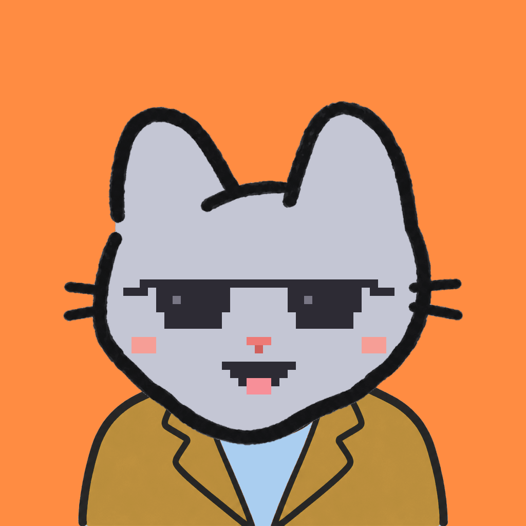 Employee #2314 — a gray cat, in a mustard suit, wearing shades glasses, on tangerine