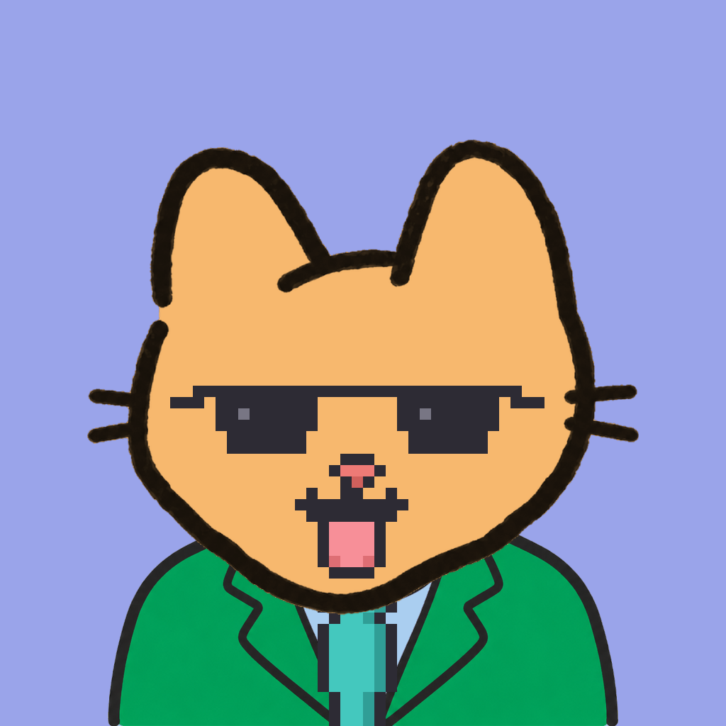 Employee #2315 — a tabby cat, in a green suit, with a teal tie, wearing shades glasses, on periwinkle