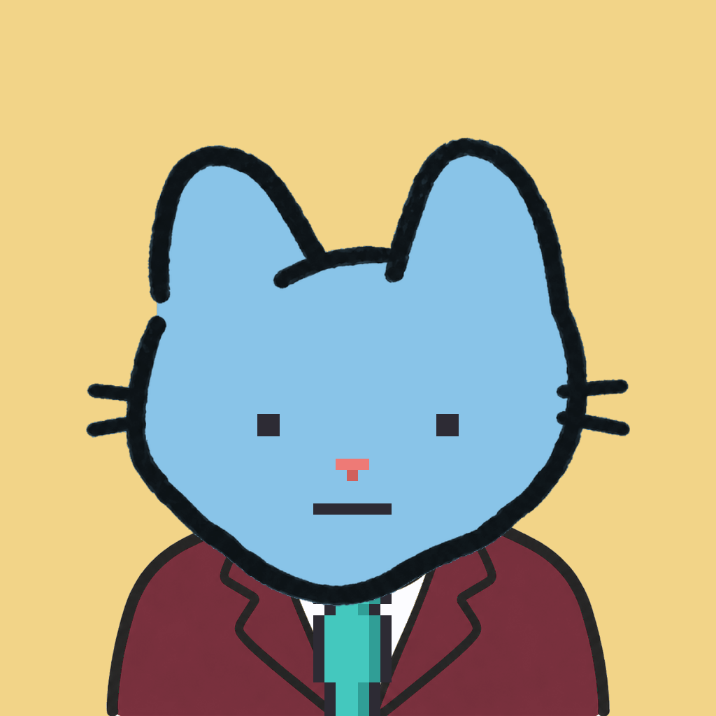 Employee #2316 — a sky cat, in a burgundy suit, with a teal tie, on butter