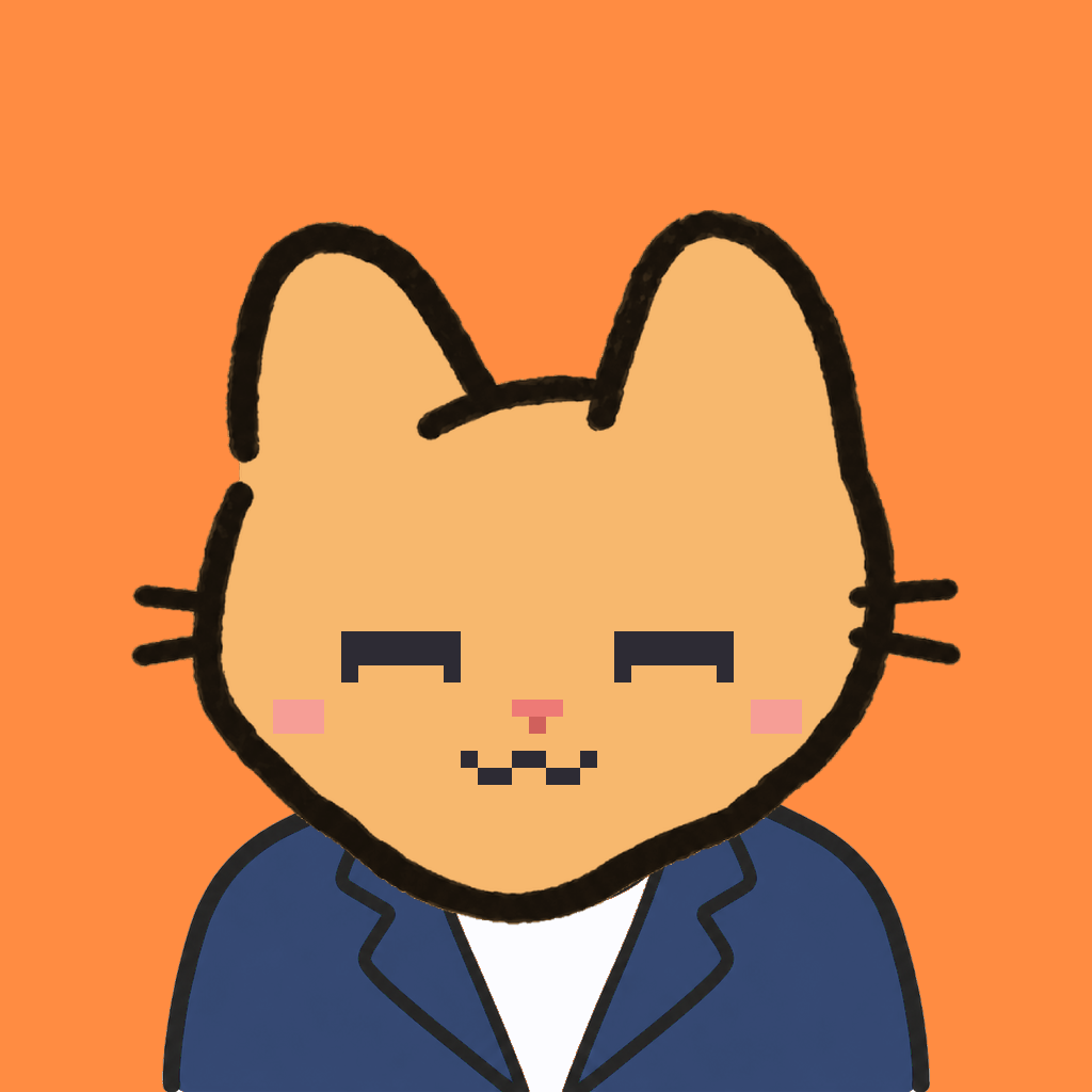 Employee #2317 — a tabby cat, in a navy suit, on tangerine