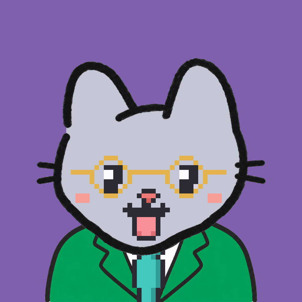 Employee #2318 — a gray cat, in a green suit, with a teal tie, wearing round-gold glasses, on plasma violet