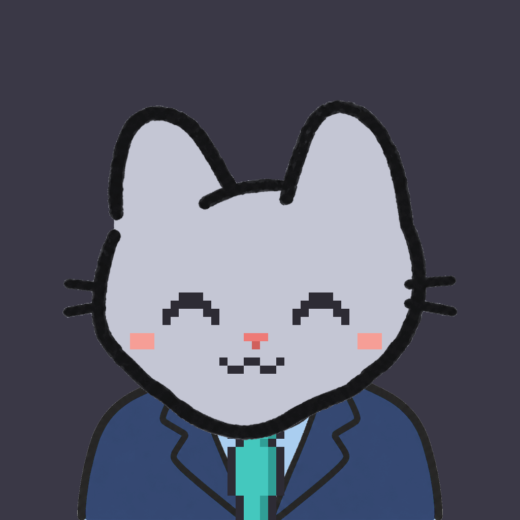 Employee #2319 — a gray cat, in a navy suit, with a teal tie, on charcoal