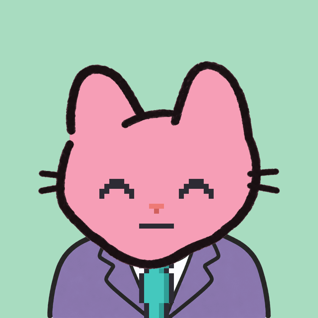 Employee #0232 — a pink cat, in a lavender suit, with a teal tie, on mint